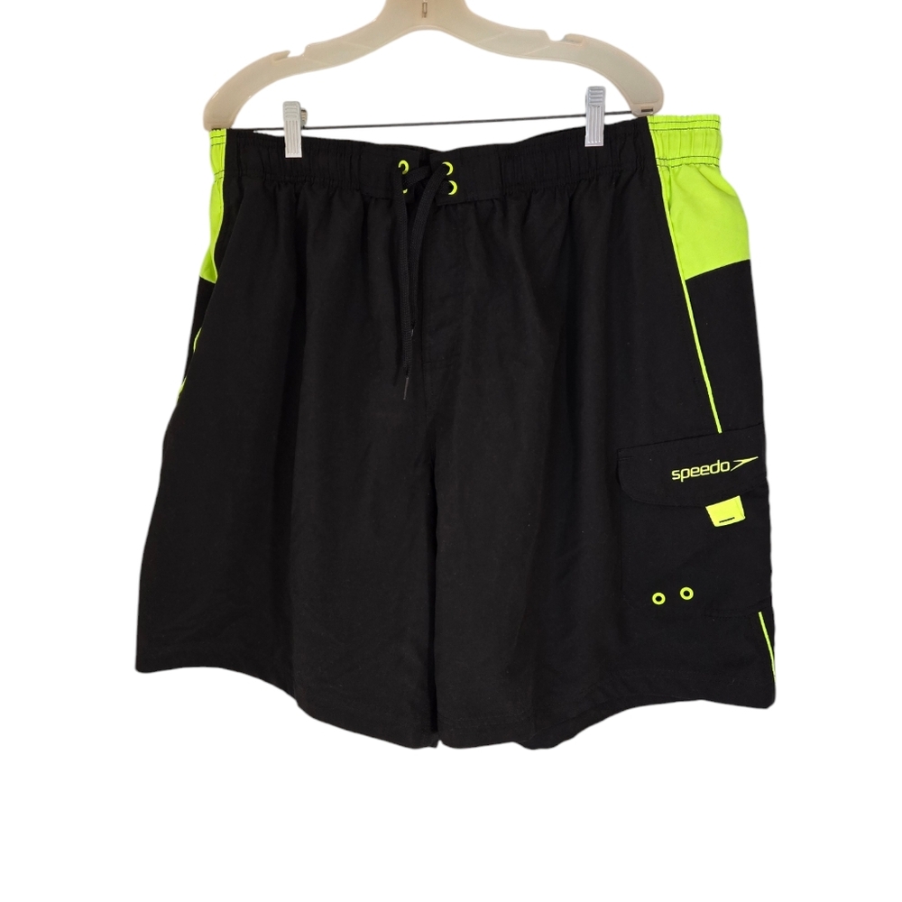 Speedo Men's Black and Green Swim Trunks Board Shorts - Picture 3 of 11